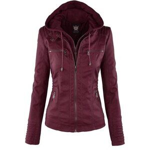 Lock and Love Women's Removable Hooded Faux Leather Jacket Moto Biker Coat
